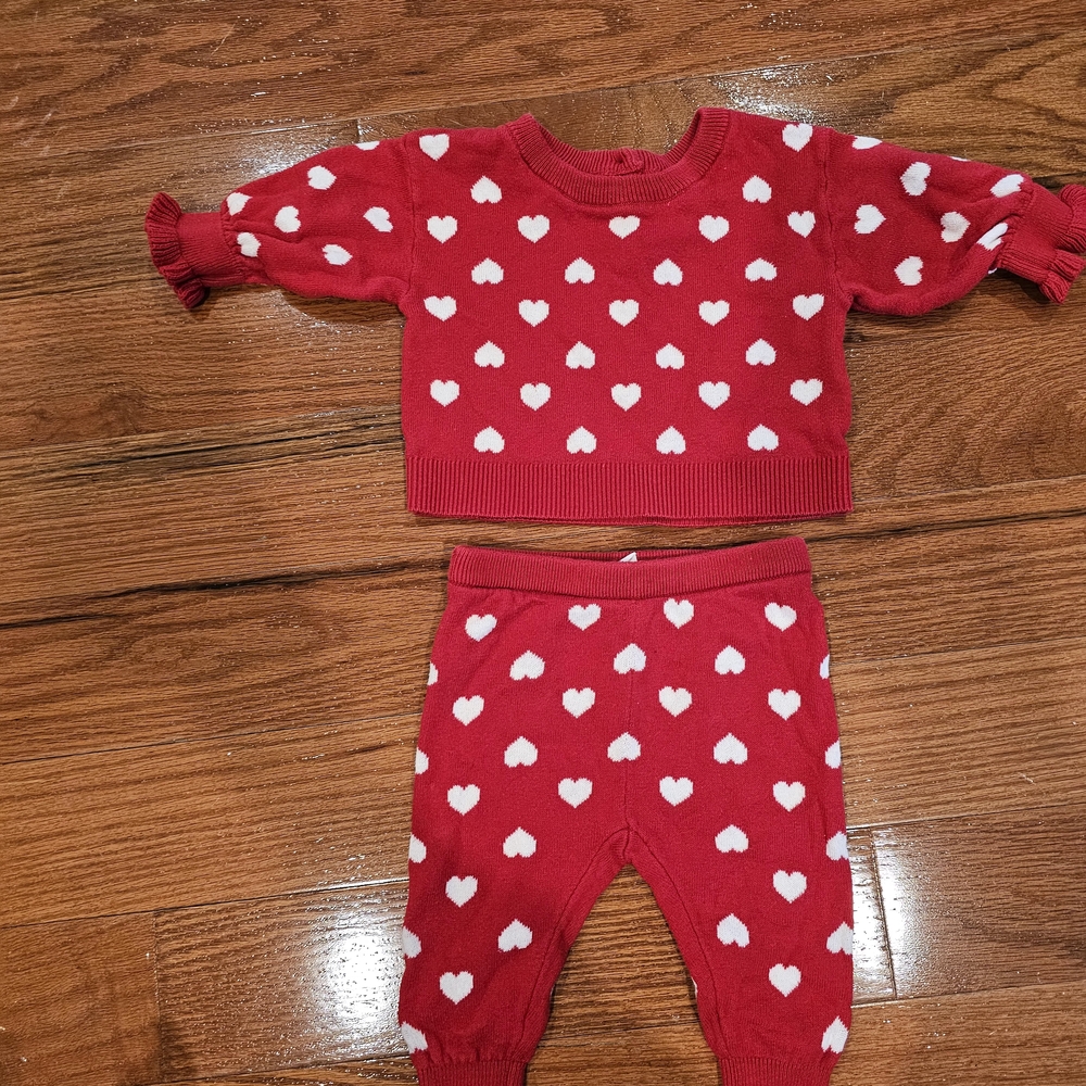 Gap Valentines Day Red Heart Pattern Baby Sweater and Pants Set